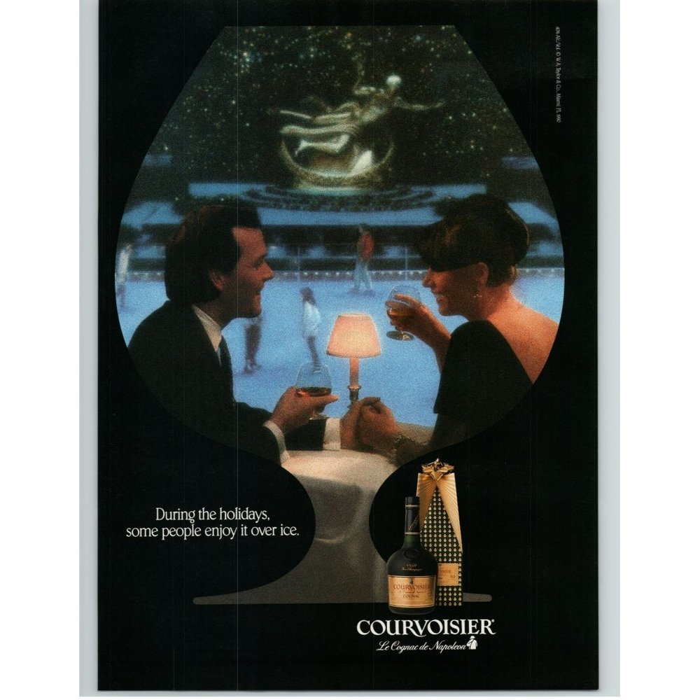 1991 Courvoisier Cognac Vintage Print Ad Christmas Gift Over Ice Skating Rink